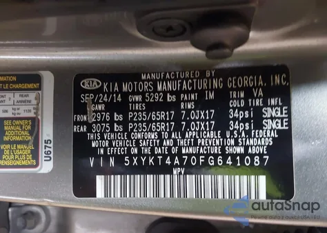2015 Kia Sorento Lx V6 from USA, damaged, VIN 5XYKT4A70FG641087